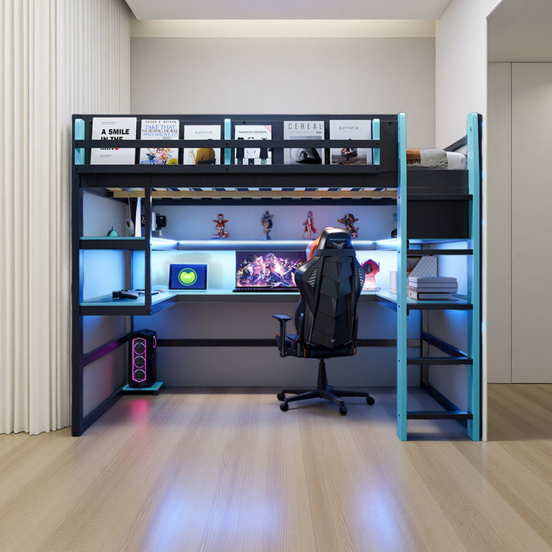 Lit mezzanine double en bois avec bureau, Lit double, Bleu nuage