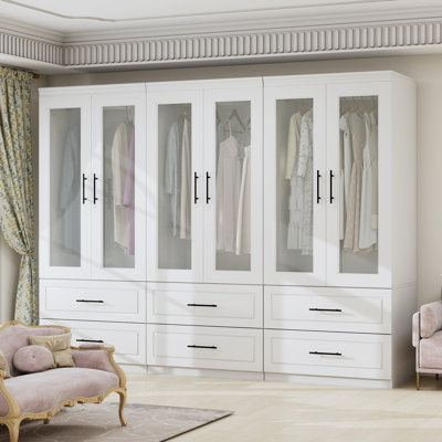 Armoire penderie à 6 portes avec tiroirs, blanc