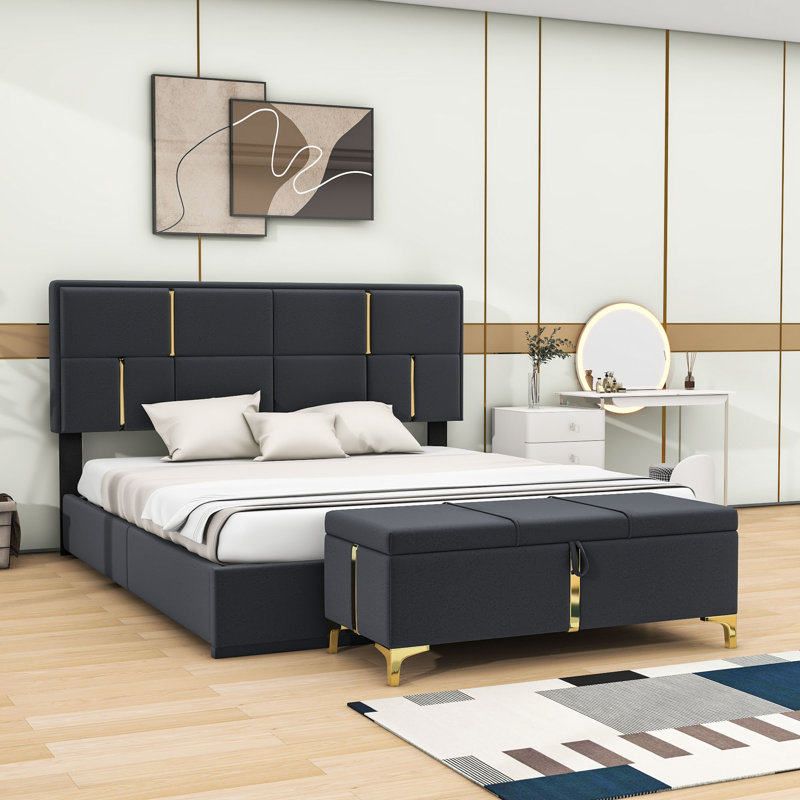 Ensemble de chambre à coucher 2 pièces Jiuliana, grand lit plateforme tapissier, repose-pieds avec rangement et pieds en métal