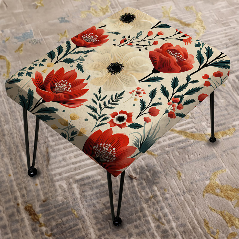 Red And Beige Retro Floral Pattern - Floral Rectangle Ottoman