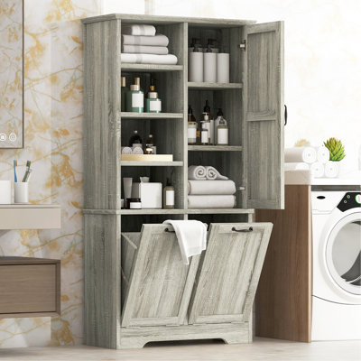 Bathroom Storage Cabinet With Doors And Drawers, Tilt-Out Laundry Hamper, Multiple Storage Space, Freestanding Style, Open Shelve, Adjustable Shelf, Oak