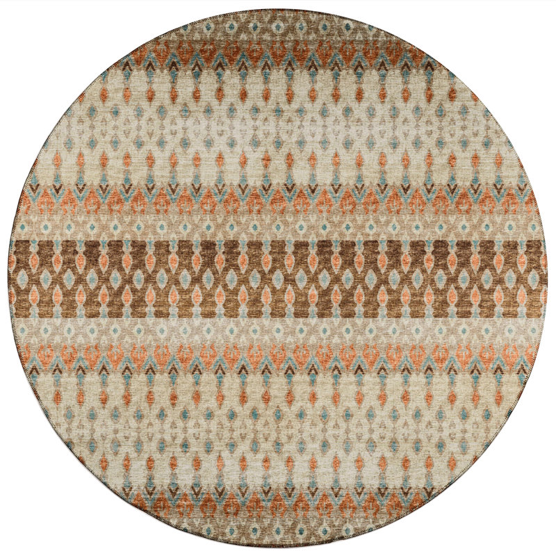 Tapis brun / beige Arlethia Ikat, Rond 8 pi