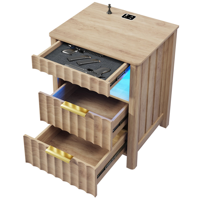  17.7'' W 2-Drawer Nightstand with LED Light and Charging Station, Wood