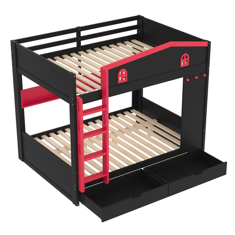 Lit superposé en bois massif grand sur grand - noir et rouge, avec tiroirs de rangement, tablettes et crochets, aucun sommier requis