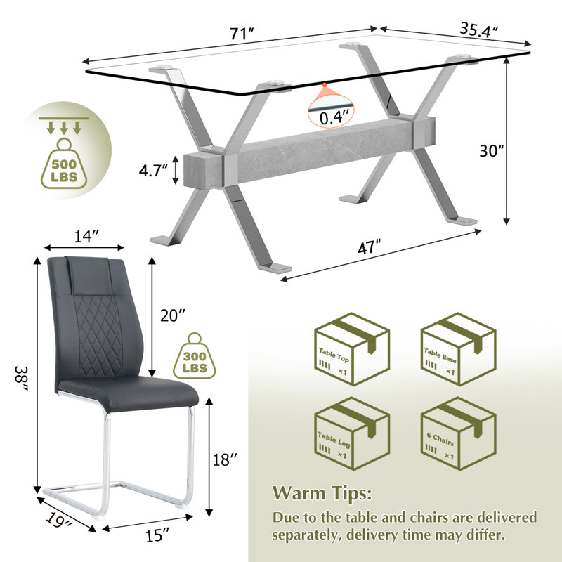 Ensemble de table de salle à manger 7 pièces 7 pièces, Argent argent, H 46 cm x l 30 cm