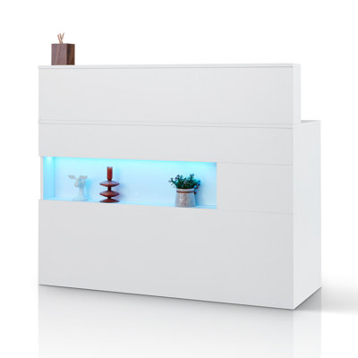 Bureau de réception, table de comptoir rectangulaire de 47 pouces à l'avant, bureau de réception avec lumière DEL, 2 tiroirs et prises de courant, pour caisse, vestibule, salon de beauté et bureau, blanc
