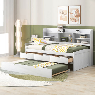 Twin Size Wooden Captain Bed With Built-In Bookshelves,Three Storage Drawers And Trundle