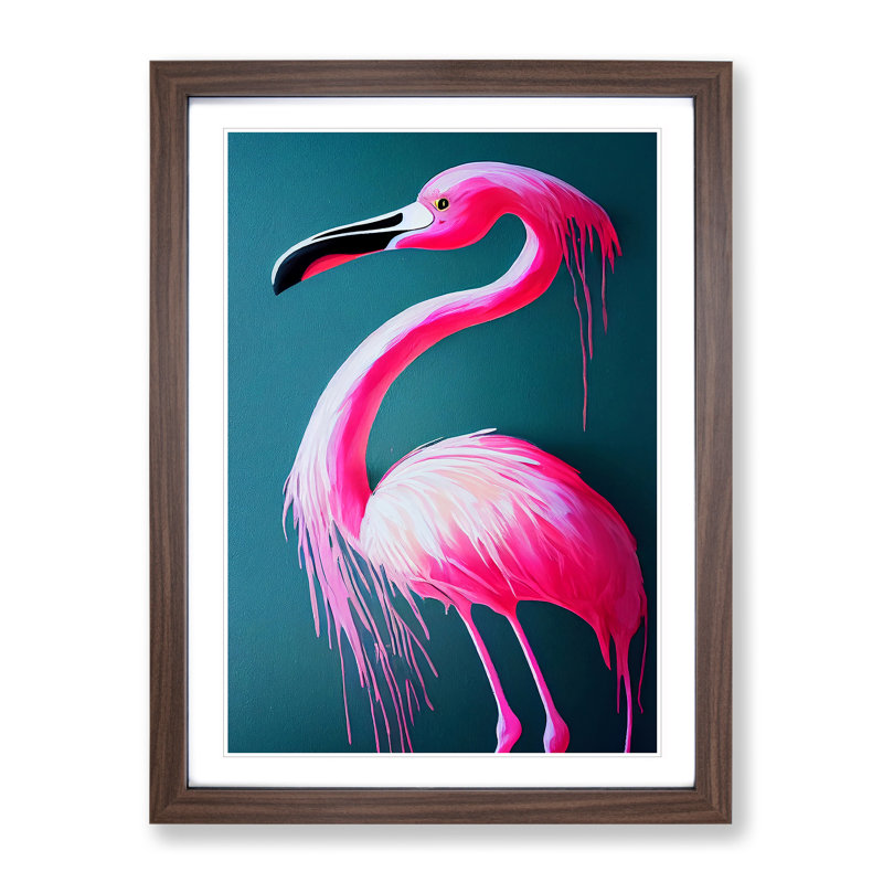 Paint Drip Flamingo - Wrapped Canvas Painting, 64cm H x 46cm W x 2cm D, Walnut Framed