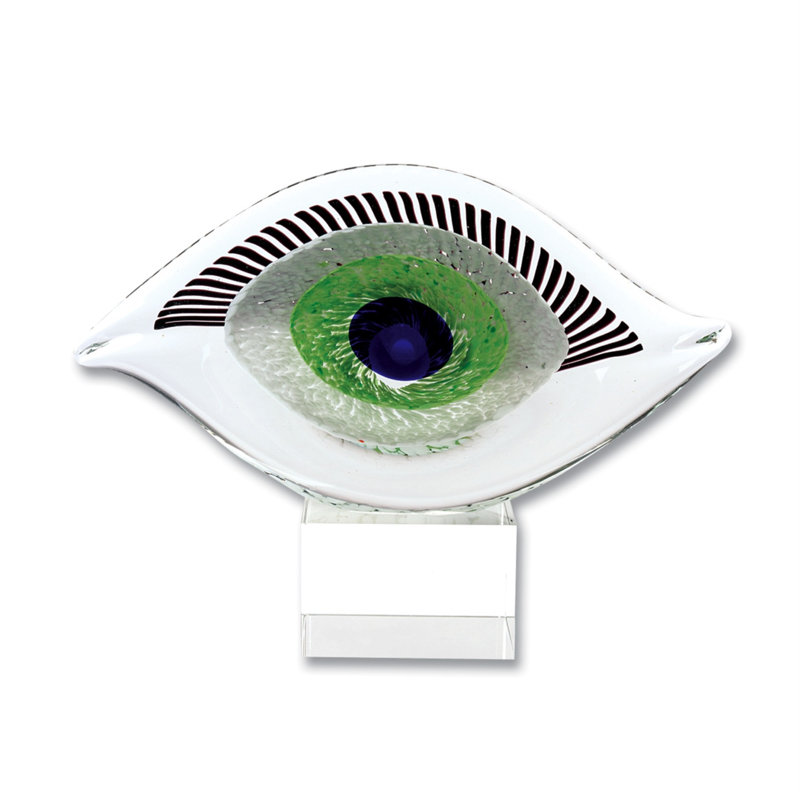 Azmariah 8" Clear Blue and Green Murano Glass Modern Abstract Tabletop Sculpture, 7.5" H x 10" W x 2" D