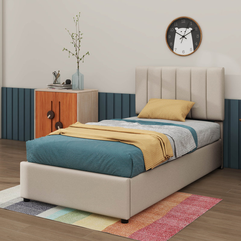 Twin Bed With Hydraulic Lift Storage And Linen-Upholstered Frame, Beige