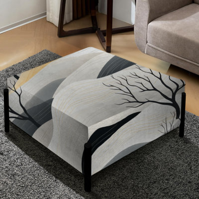 Grand paysage gris terreux minimaliste avec repose-pieds floral carré