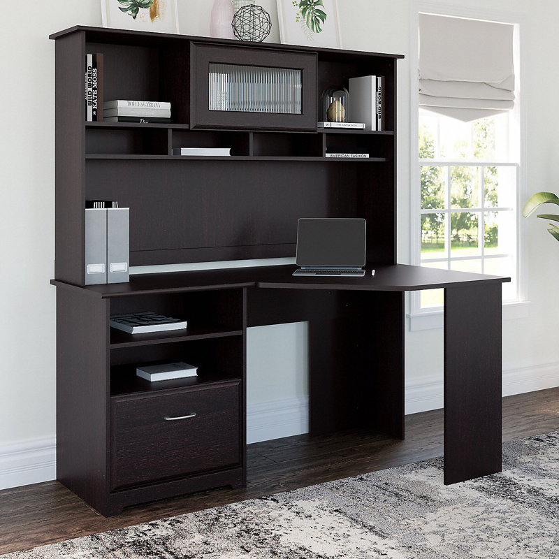 Bureau d'angle réversible avec clapier Ozro, Chêne espresso