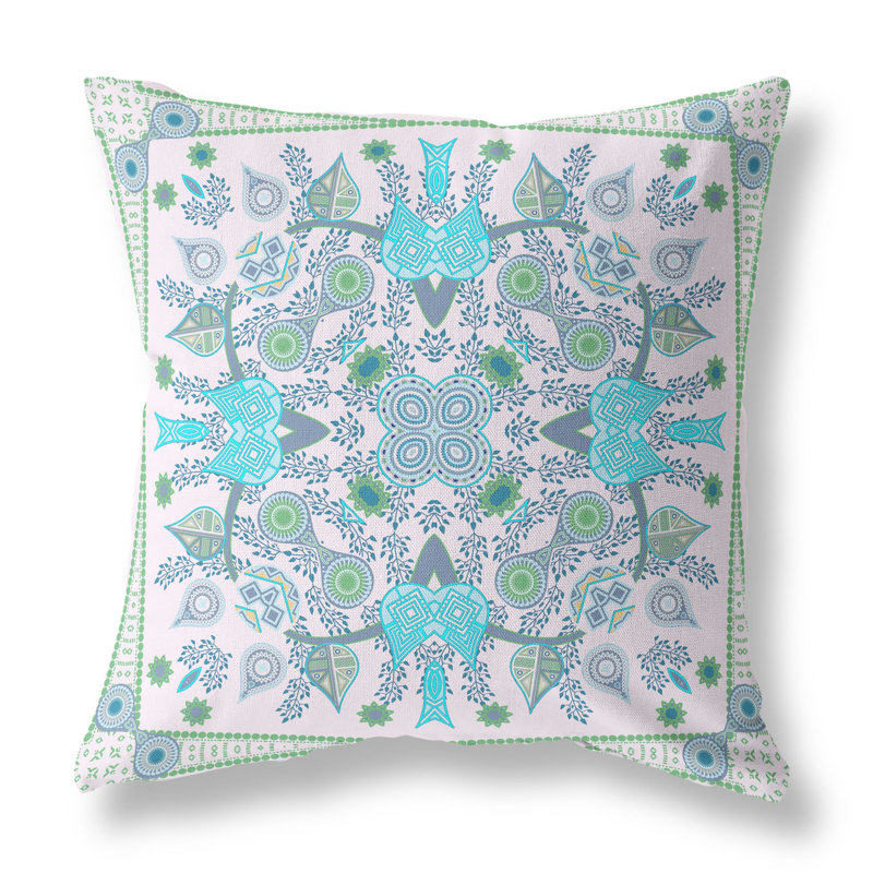 Indoor / Outdoor Floral Square Cushion, 46cm H x 46cm W, White/Light Blue/Green