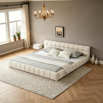 California King size Upholstered Bed Frame with Thick Fabric, Chenille Fabric Grounded California King Platform Bed with Headboard and Solid Frame