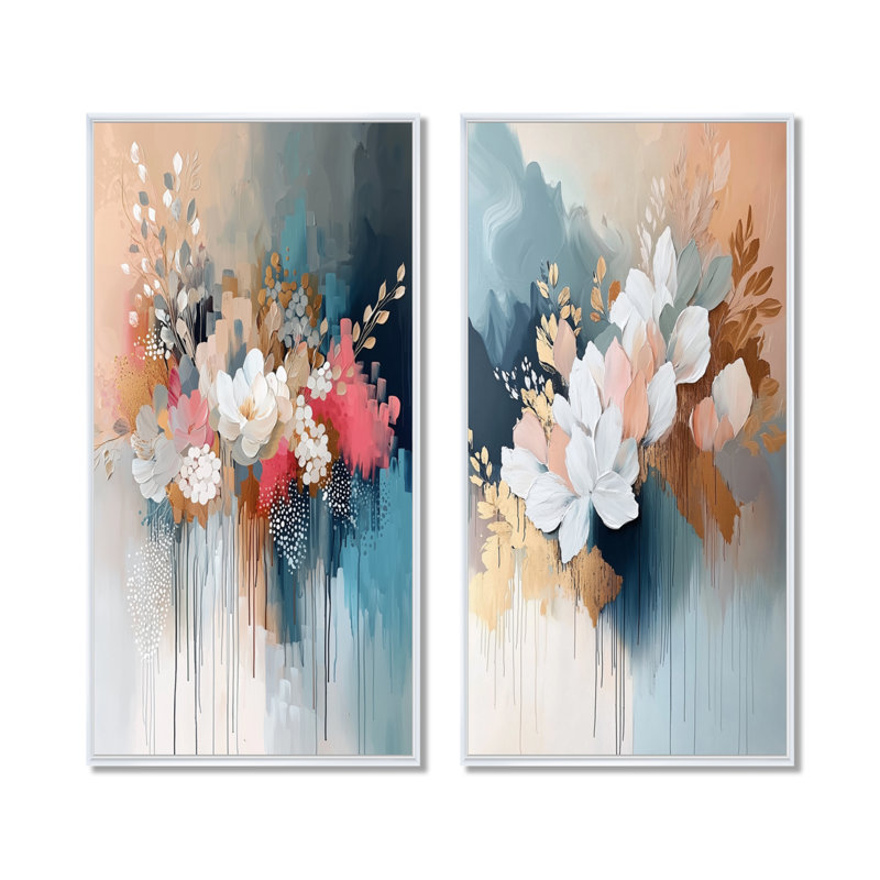 Ensemble de 2 pièces d'art mural blanc doré à motif floral Brushstroke III, H 40 po x l 40 po, Cadre flottant blanc