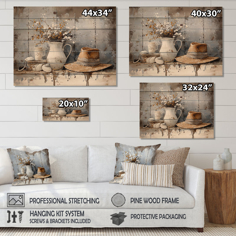 Farmhouse Hat And Wildflower Vase - Countryside Landscape Wood Wall Decor On Natural Pine Wood