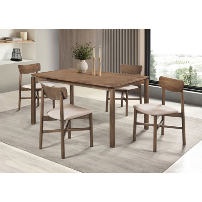 Mid - Century Modern 5 Piece Natural Walnut Dining , Rectangular Table And Four Beige Upholstered Seats For 4 Style, With Chairs Room