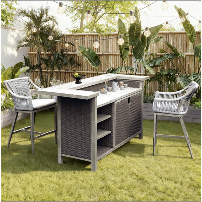 Ensemble de bar pour l'extérieur pour la maison, ensemble de 3 tables de bar en osier et cadre en aluminium toutes saisons avec 2 tabourets à hauteur de comptoir avec tablettes et armoire, pour patio, îlot de cuisine, intérieur et extérieur