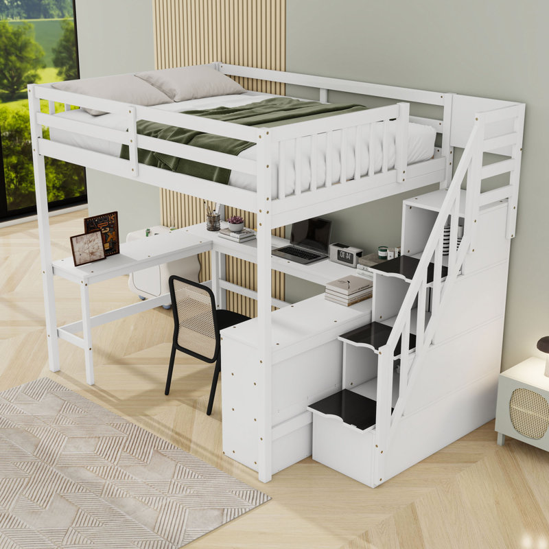Space-Saving Full-Size Loft Bed With L-Shaped Desk And Ample Storage Shelves,Staircases, White