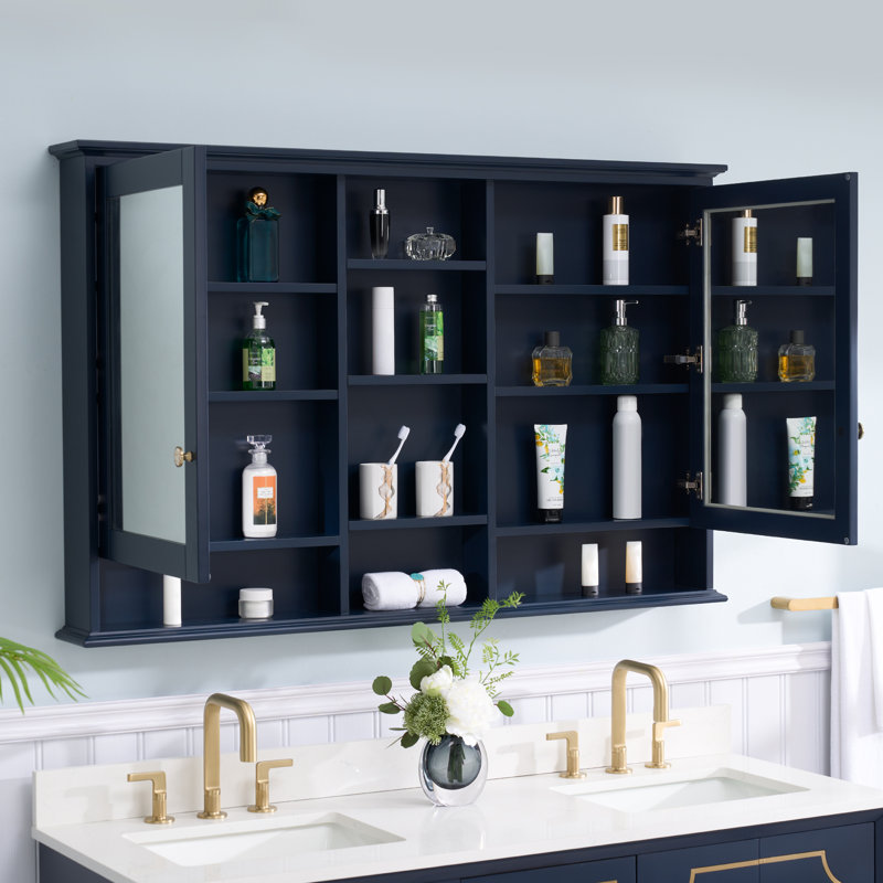 55'' W X 35'' H Wall  Surface Mounted Bathroom Solid Wood Medicine Cabinet With Mirror And Shelves, Navy Blue