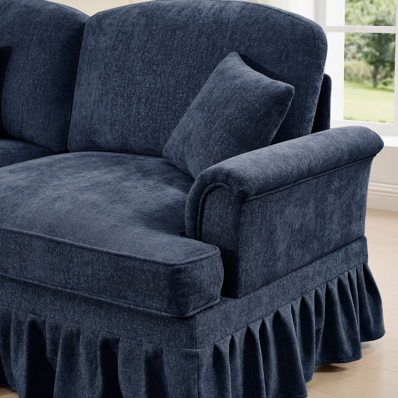 Comfy Blue Chenille 3 - Siège modulaire avec dossier en forme de pétale évasé, segmenté et incurvé, jupes de plis à volants amovibles et repose-pieds à accoudoirs mobiles