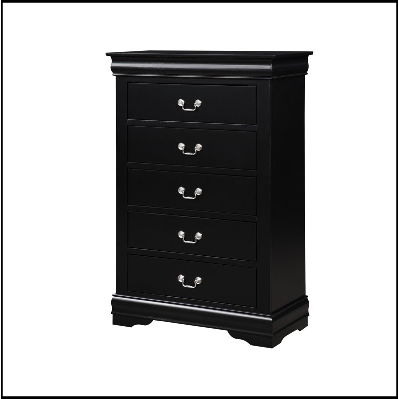 Commode 5 tiroirs avec poignées en métal, Noir, noir, noir, noir