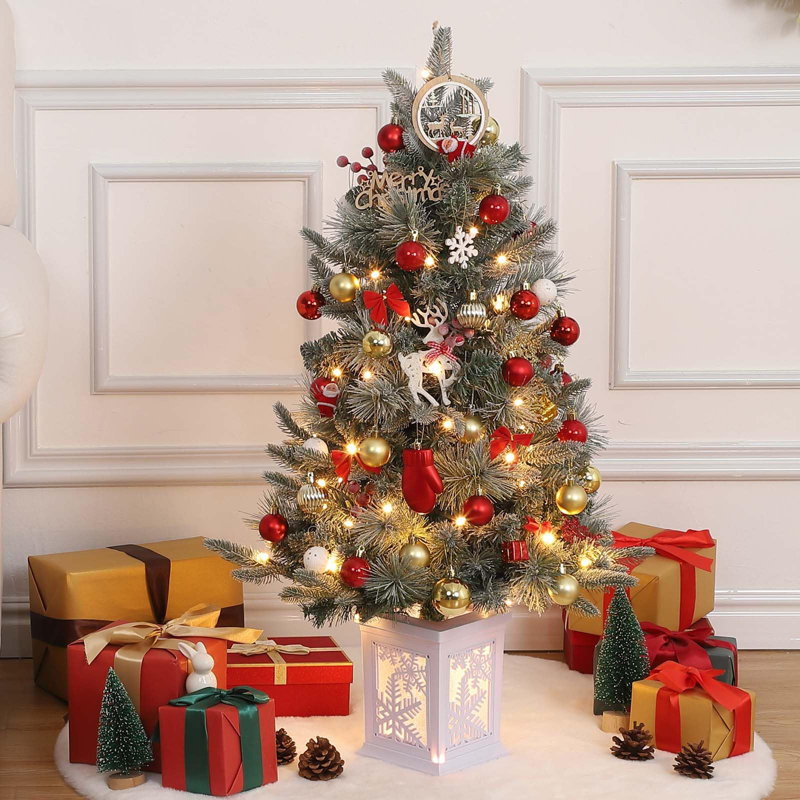 Arbre de Noël artificiel à base de neige artificielle 3 pi avec 70 lumières à incandescence 8 modes