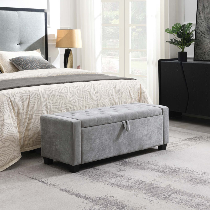Repose-pieds de 48 po avec rangement, banc de repose-pieds avec charnière de sécurité, banc de hall d'entrée rembourré avec sièges pour la chambre à coucher, le salon, peut supporter jusqu'à 350 lb, gris clair