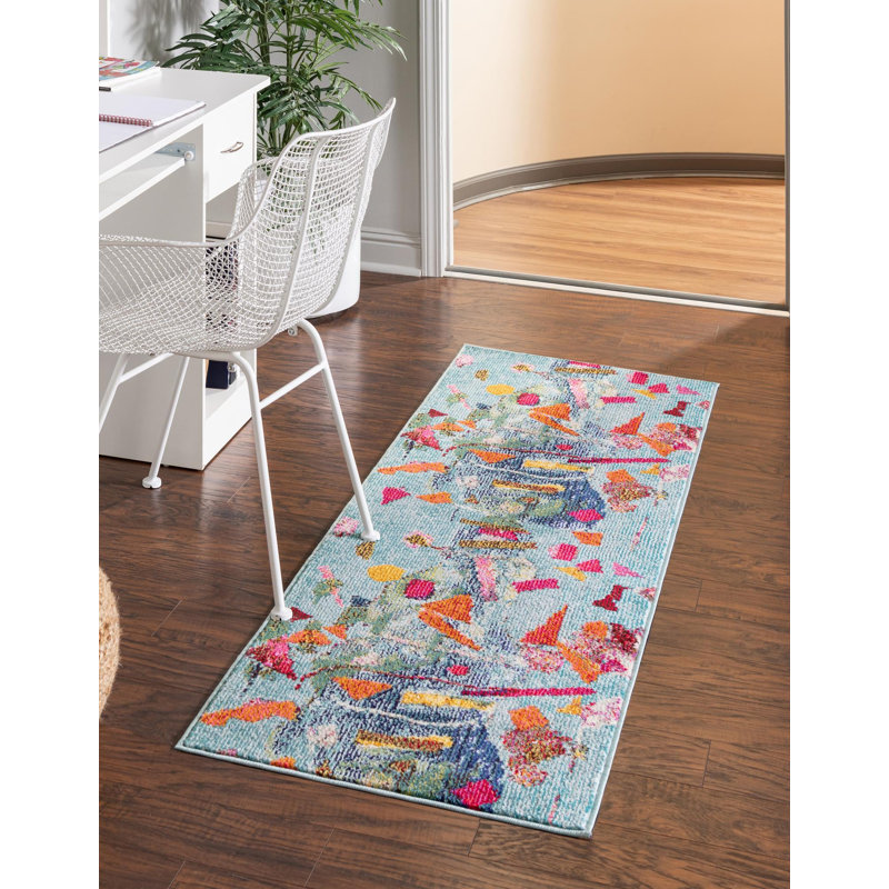Tapis abstrait bleu / orange , Tapis de couloir 2 pi x 6 pi