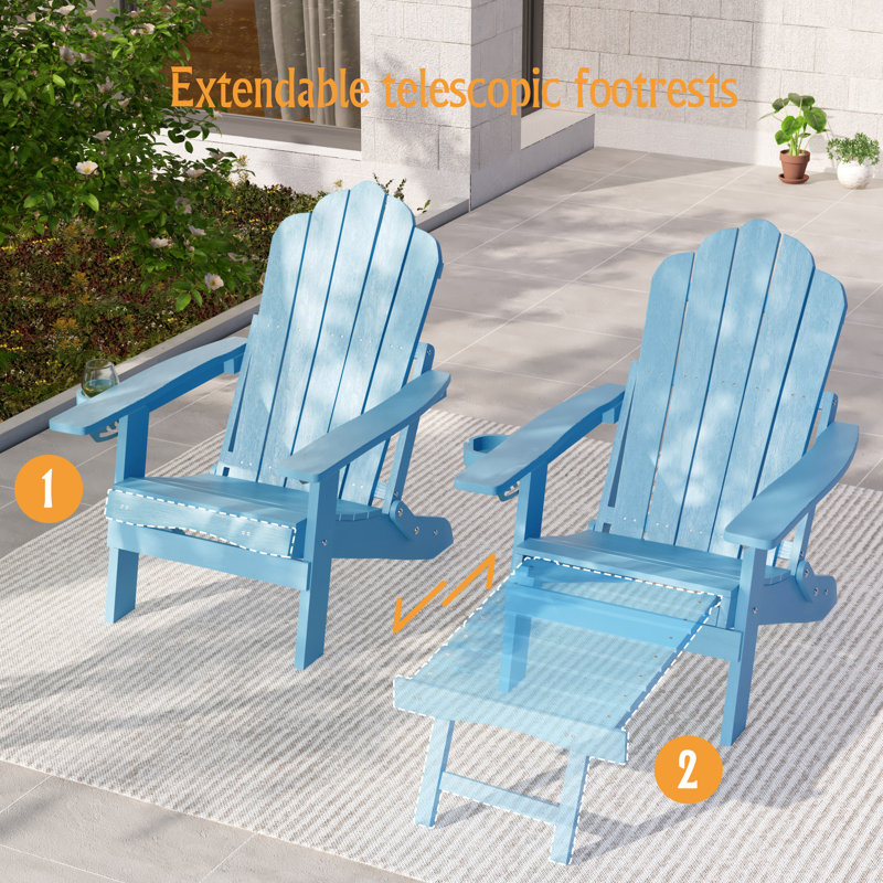 set of 4 HIPS Folding Adirondack Chair Adjustable Chair with Ottoman Fire Pit Patio Chair for Outdoor, Lake Blue