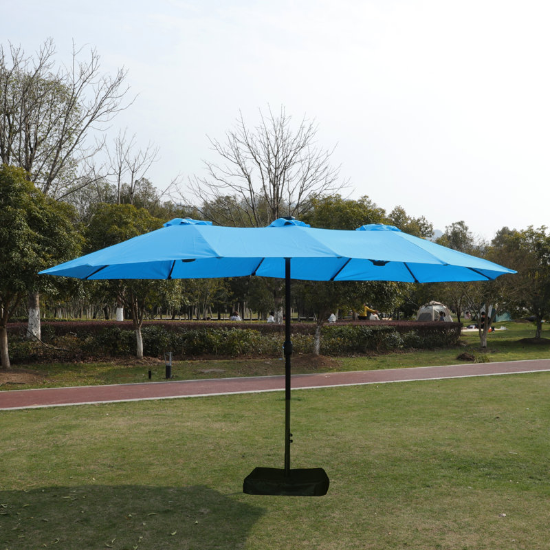 Parasol pour patio avec base et grand abat-jour rectangulaire bleu