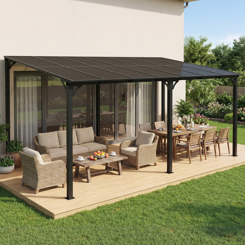 10' X 14' Wall-Mounted Gazebo With Polycarbonate Roof Panels And Aluminum Frame, Lean-To Patio Cover For Backyard Or Porch