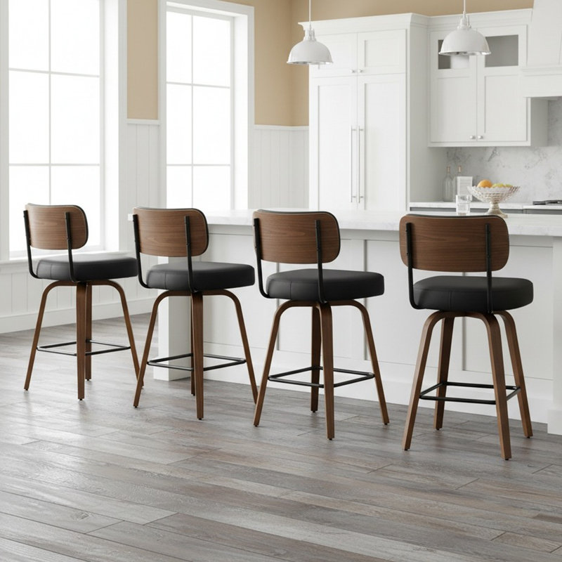 26" Swivel Upholstered Counter Stool with Walnut-Finish Bentwood Frame, Black, 4