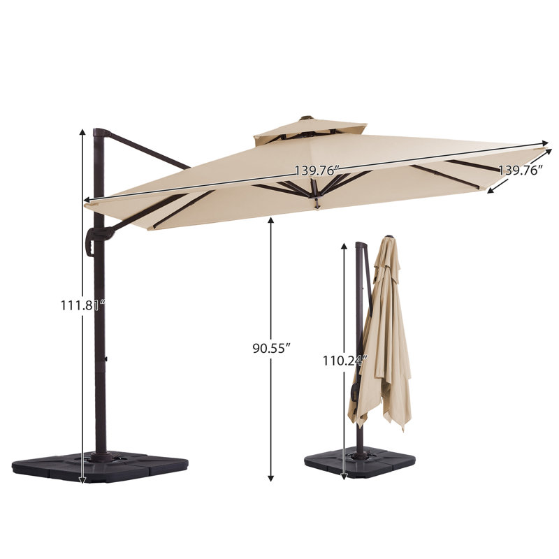 Parasol en porte-à-faux de patio carré 11 x 11 pi avec base lestée, Beige