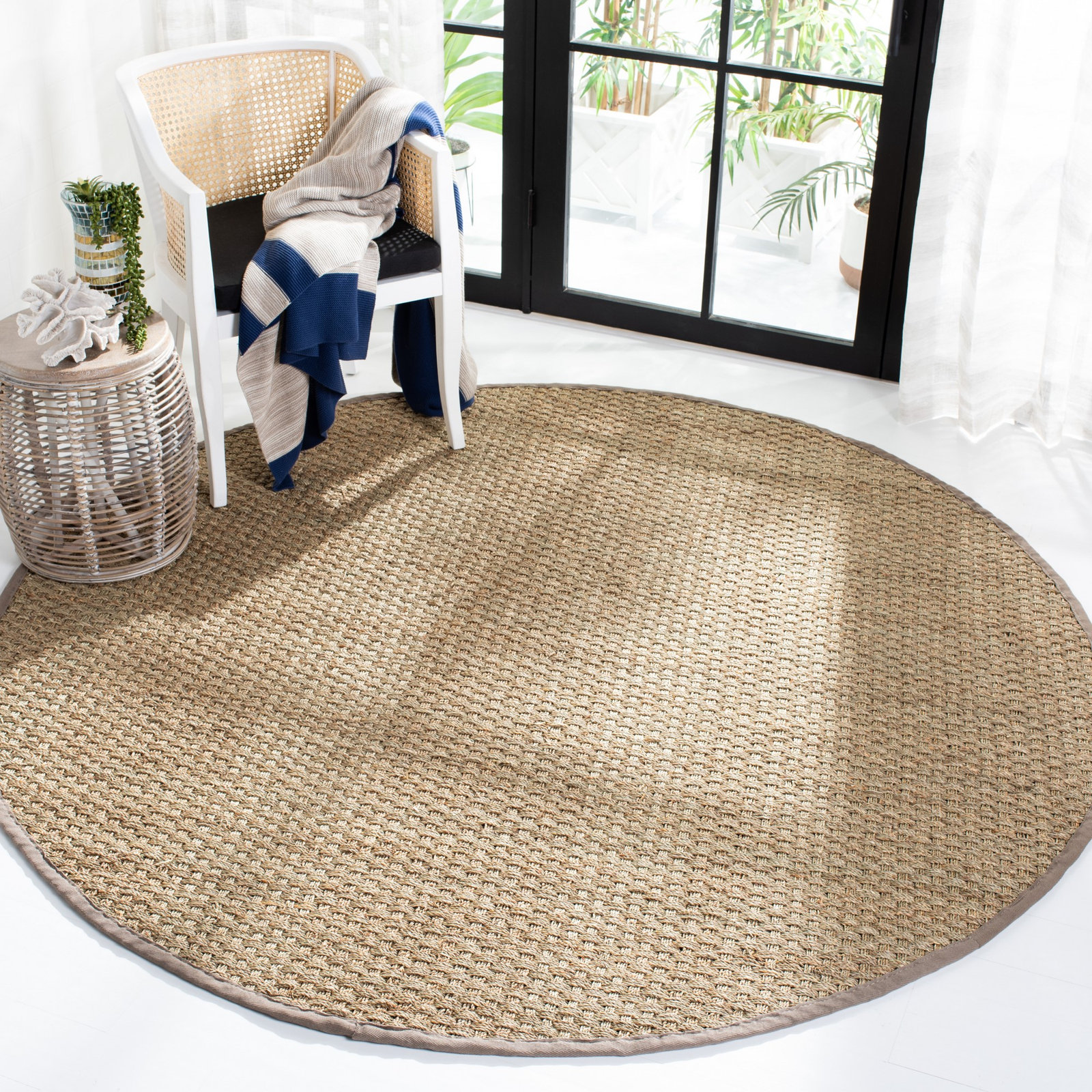 Lasone Natural Gray Seagrass Rug, Round 8'
