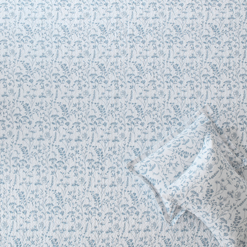 Ensemble de courtepointe 100% coton DUOHONG, Courtepointe pour grand lit + 2 taies décoratives, Motif floral bleu / blanc