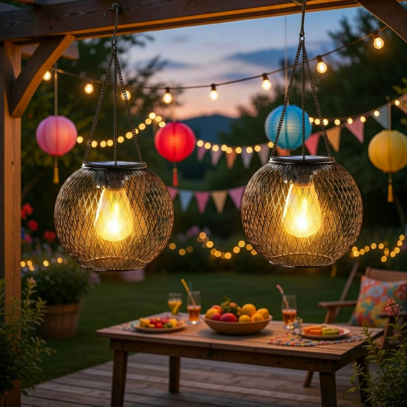 Paquet de 2 lanternes extérieures solaires, lumières de jardin en métal imperméables suspendues pour l'allée du patio