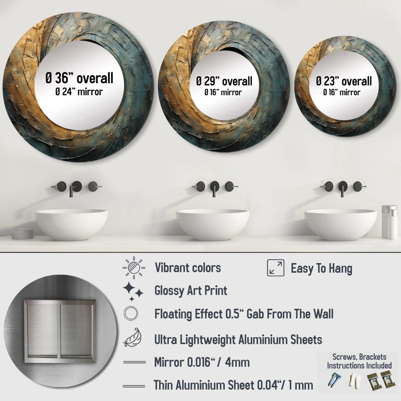 Bronze tourbillon de sagesse tourbillonnante - miroir spirales abstraites, miroir mural décoratif rond moderne, impression d'art en métal
