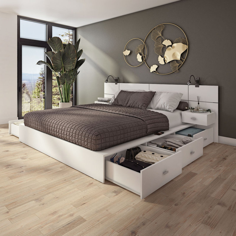 Delta Collection 6-Drawer Captain’s Storage Bed – Platform Bed with Headboard & 2 Nightstands – No Box Spring Required, White