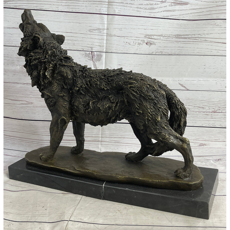 Large Bronze Howling Wolf Figurine with Marble Base