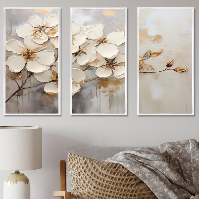 Minimalisme beige - Ensemble d'art mural sur toile violettes, Cadre flottant blanc, H 40 po x l 60 po x P 1 po