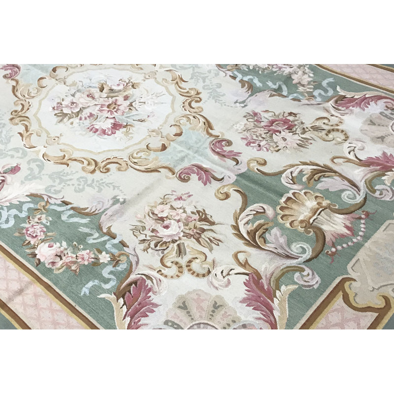 Hand-Knotted High-Quality Green and Beige Area Rug