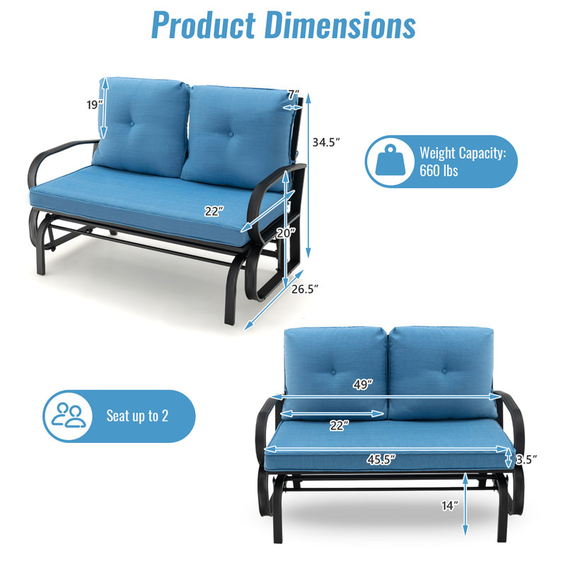 Banc d'extérieur en métal avec coussins Laceyville, Bleu