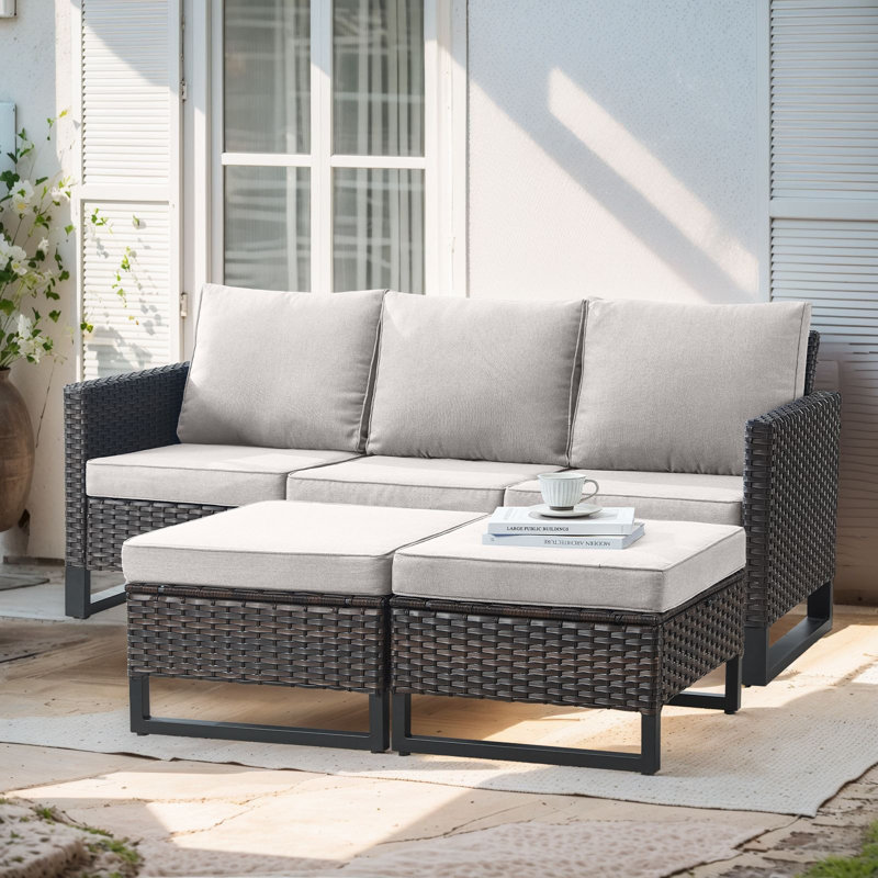 Naresa 3-Piece Outdoor Wicker Sofa Set  3-Seat Rattan Sofa & Ottomans Set, Beige