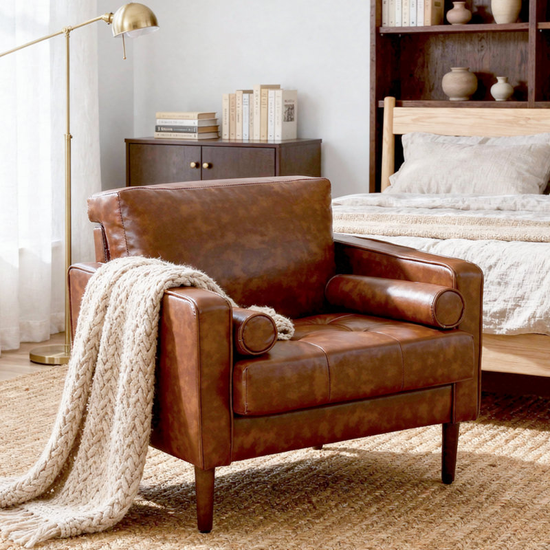 Iliana Upholstered Corduroy Square Arm Tufted Club Chair with 2 Pillows, Brown Faux Leather