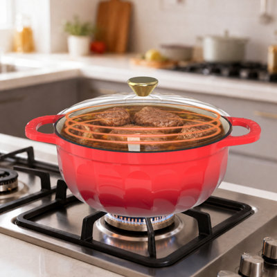 Cocotte en fonte émaillée rouge de 5 pintes (4,7 L) en forme de pétale, avec maniques et dessous de plat résistants à la chaleur
