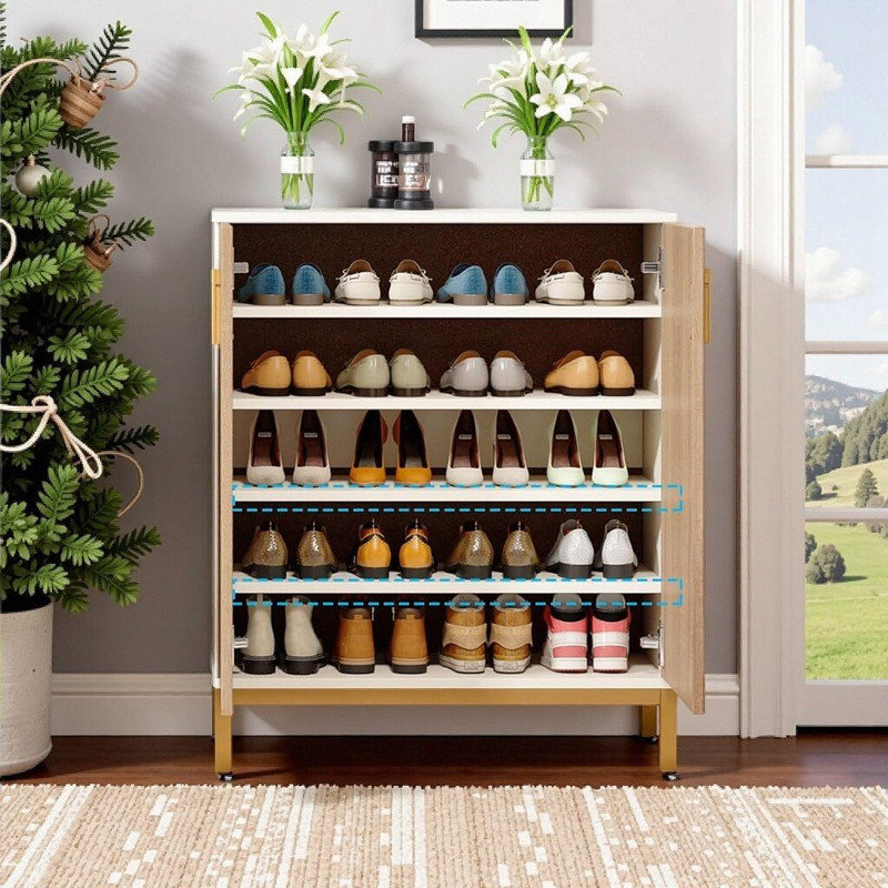 Rangement géométrique pour vestibule avec 5 niveaux réglables, Blanc et naturel