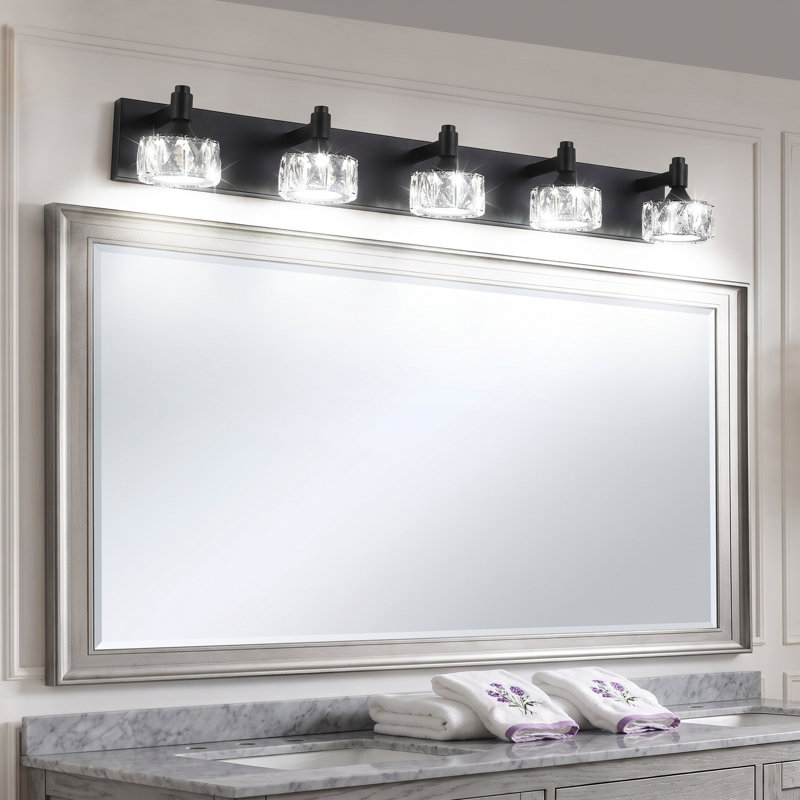 Luminaire de meuble-lavabo moderne à DEL avec abat-jour en cristal, à intensité variable, Noir mat, 5 lumières