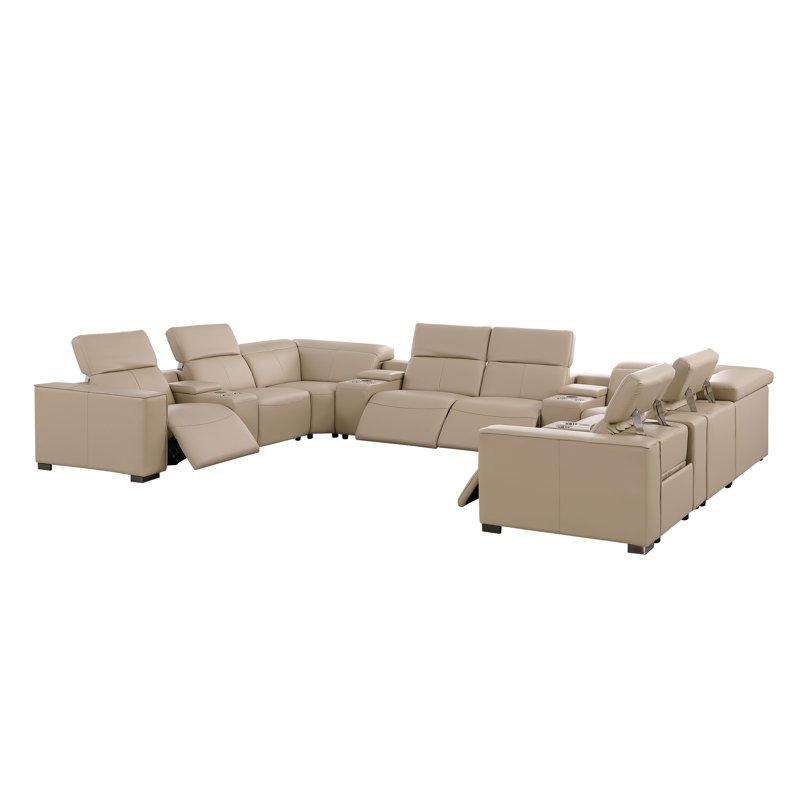 Glendale Luxurious 12-Piece U-Sectional In Genuine Leather With 4 Power Recliners And Power Headrests, Beige