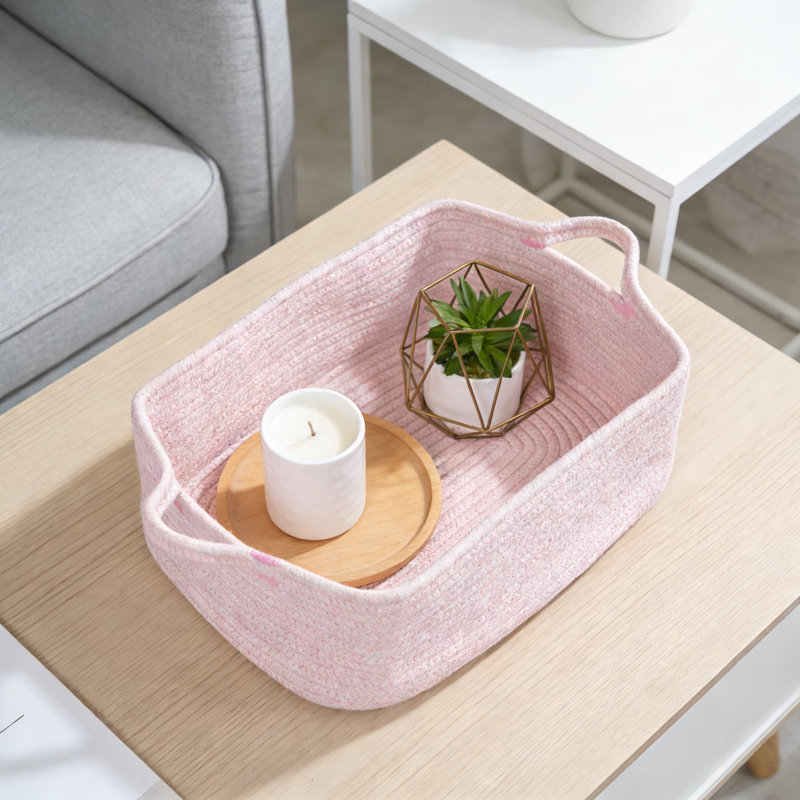 Woven Cotton Rope Storage Basket With Handles, Collapsible Organizer For Shelves, Closet, Nursery, Office & Pet Toys, Pink